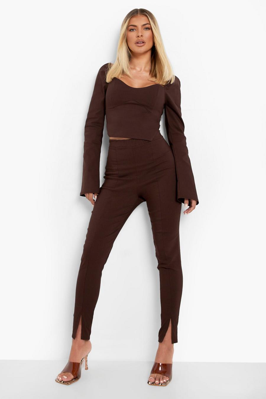 Chocolate Seam Split Front Skinny Stretch Pants image number 1