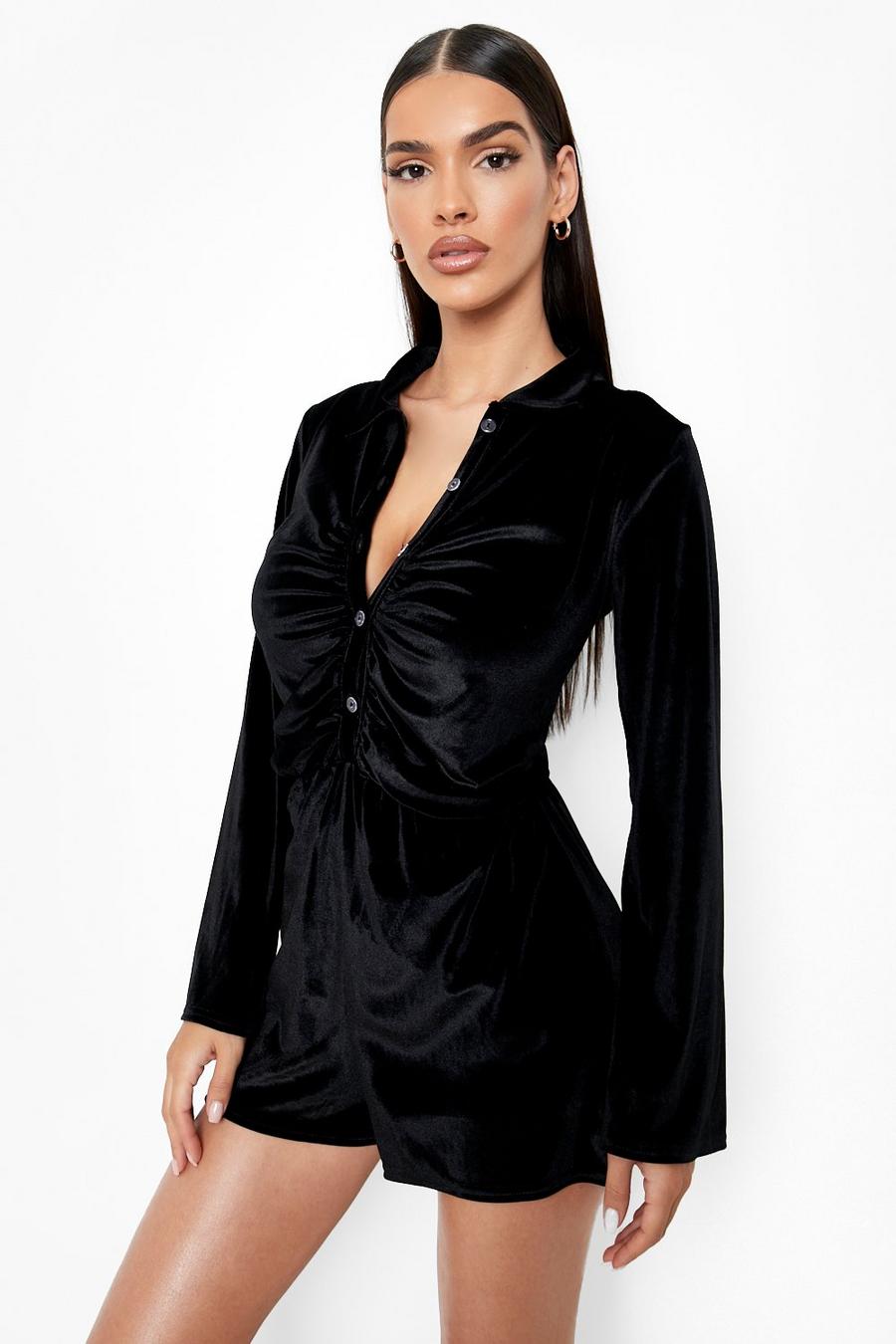 Black Velour Rouched Long Sleeve Shirt Romper