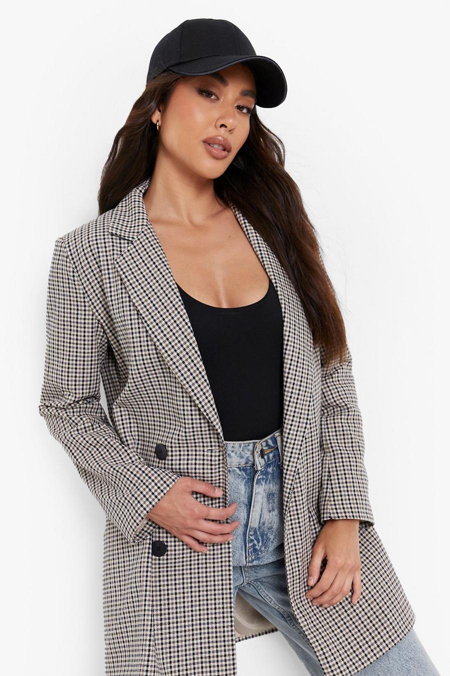 Chocolate Tonal Check Double Breasted Longline Blazer image number 1
