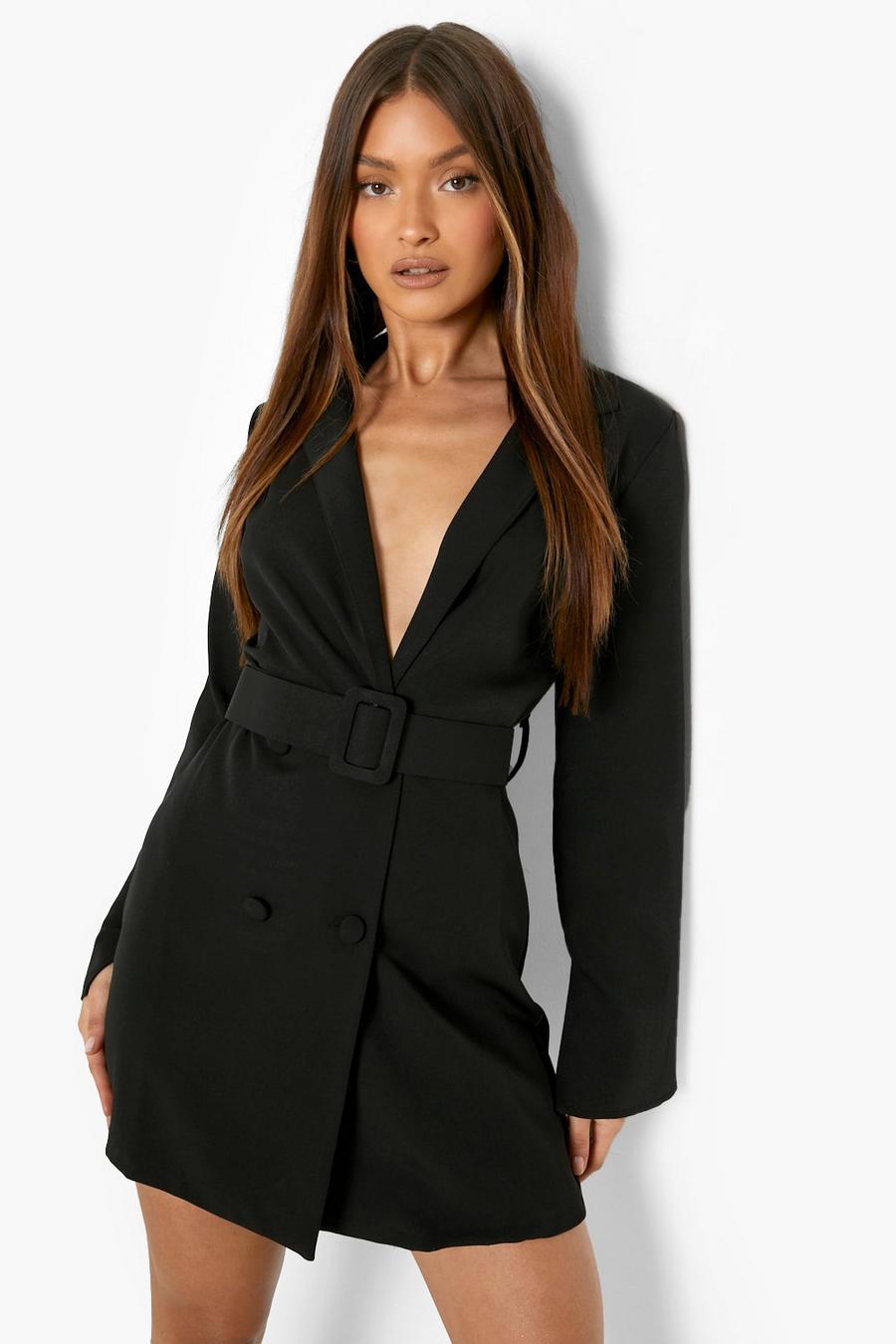 Black Split Sleeve Collarless Belted Blazer Dress image number 1