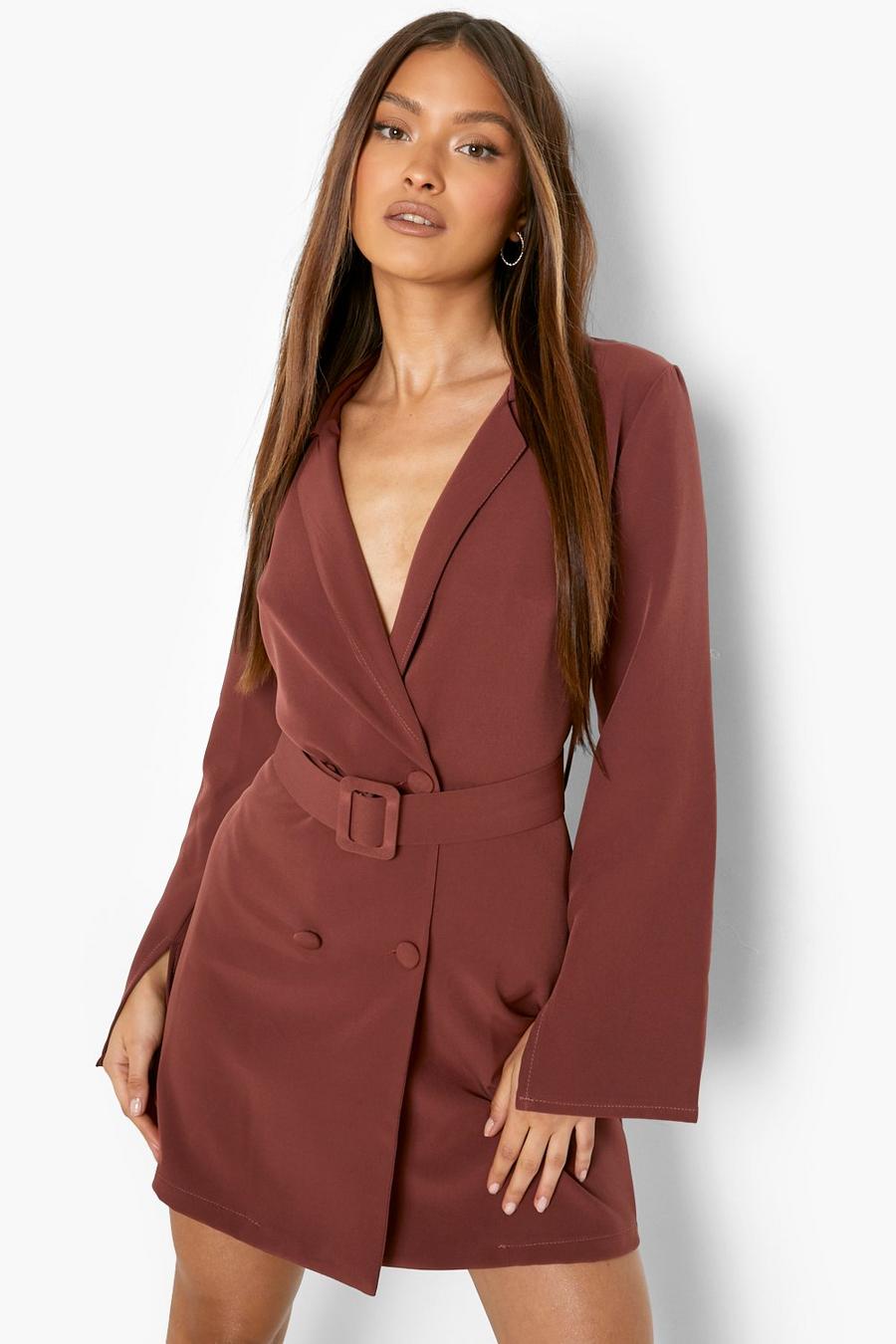 Chocolate Split Sleeve Collarless Belted Blazer Dress image number 1