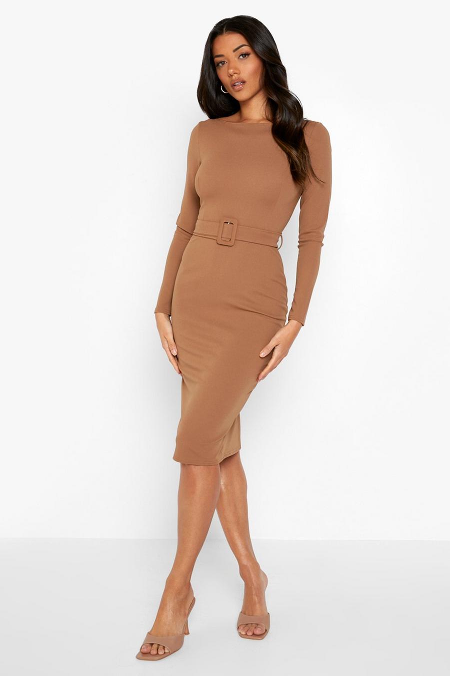 Sand Tailored Boat Neck Belted Midi Dress image number 1