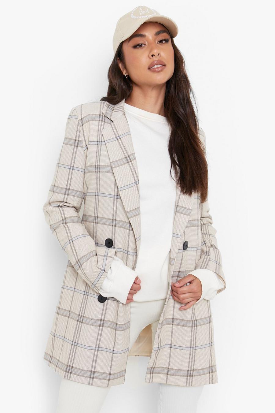Sand Tonal Check Double Breasted Longline Blazer image number 1