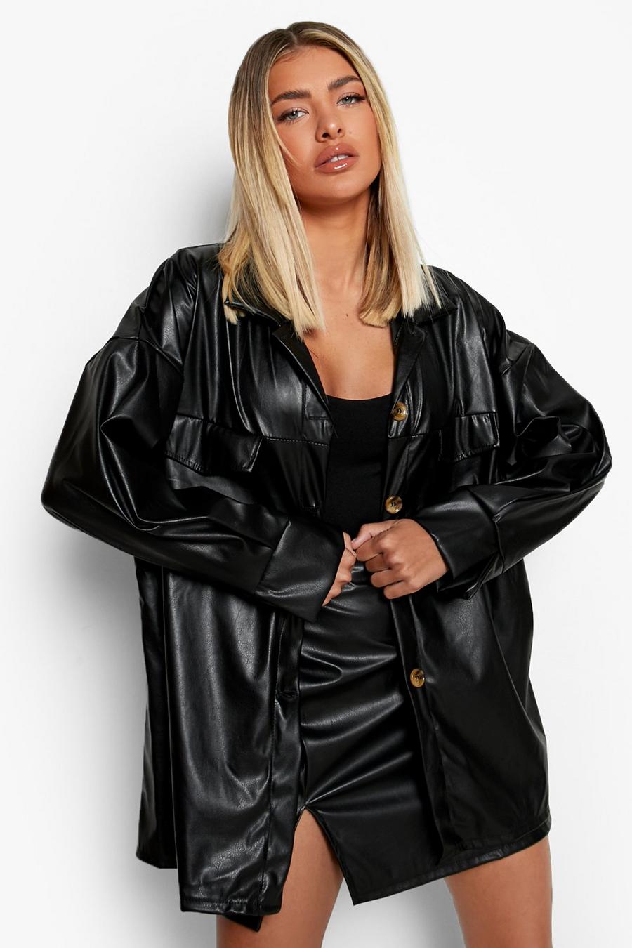 Black Super Oversized Faux Leather Shacket image number 1