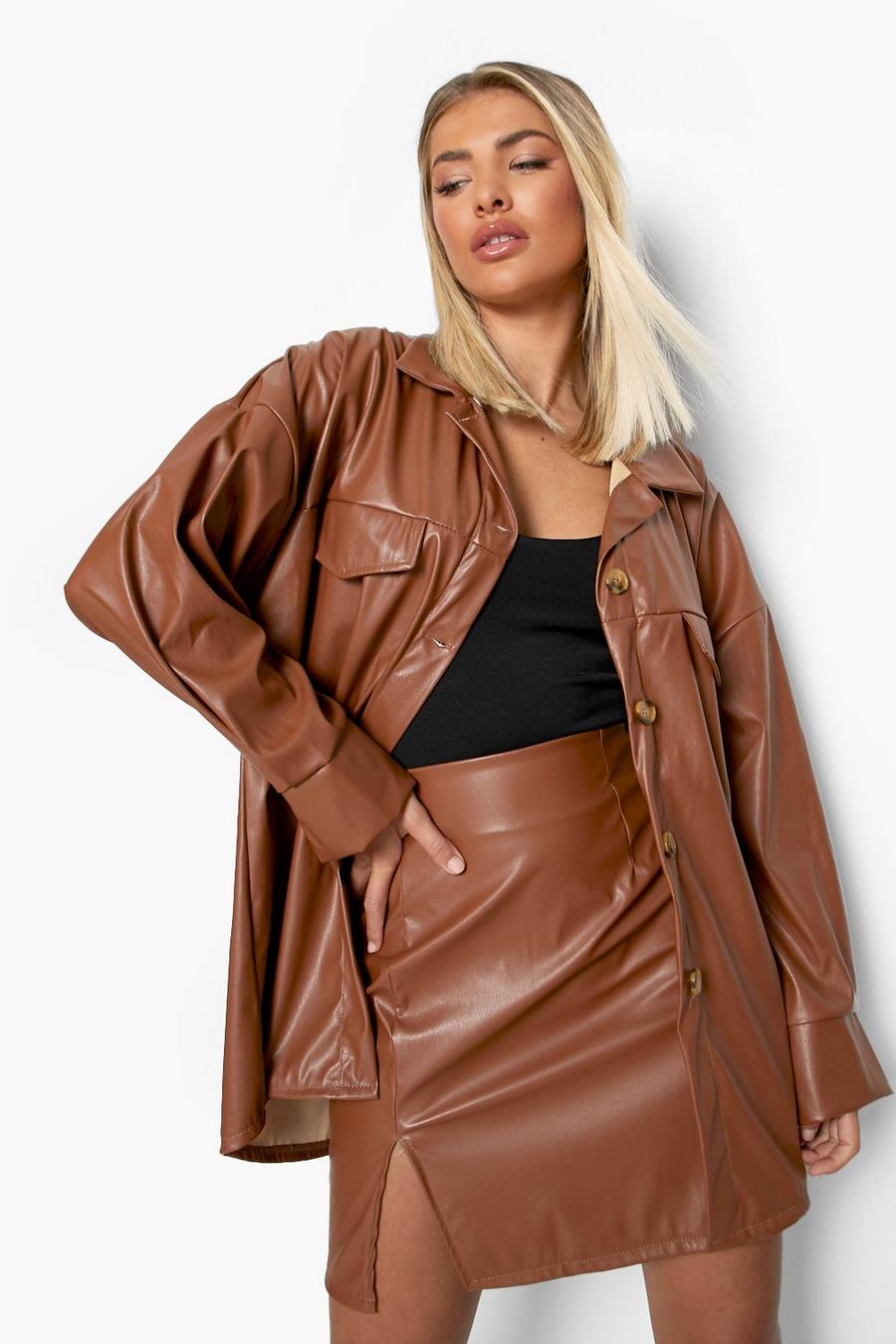 Taupe Super Oversized Faux Leather Shacket image number 1