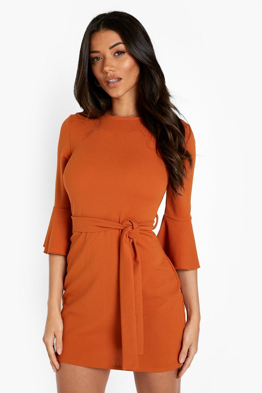 Rust orange Tailored Frill Sleeve Belted Mini Dress