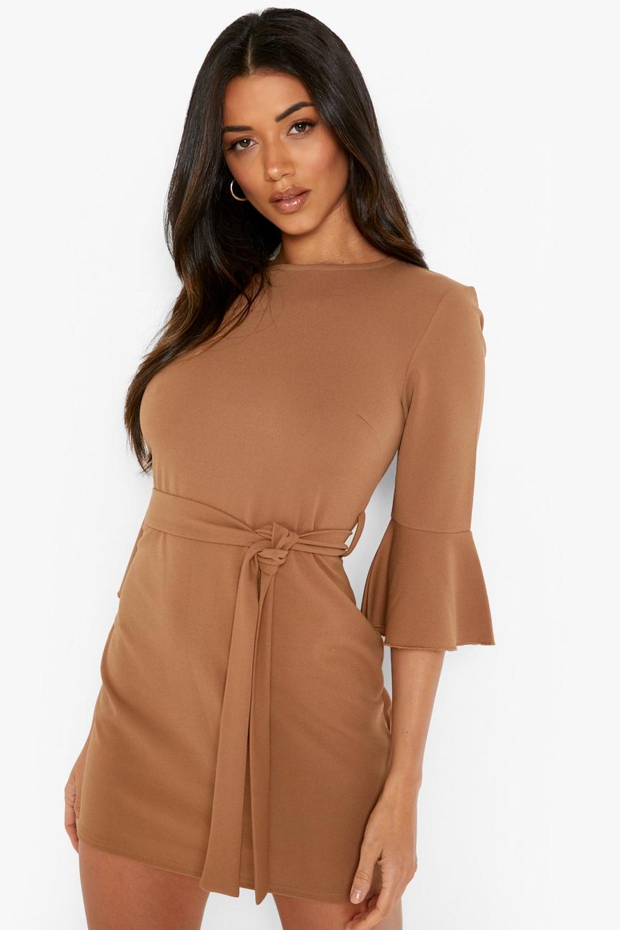 Sand Tailored Frill Sleeve Belted Mini Dress image number 1