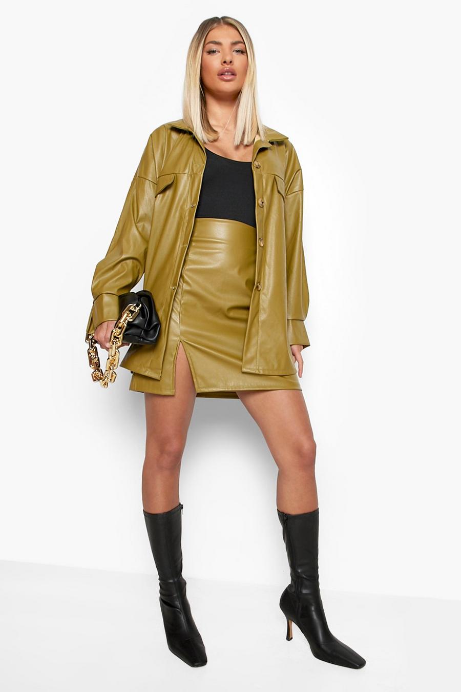 Khaki Leather Look Side Split Mini Skirt image number 1