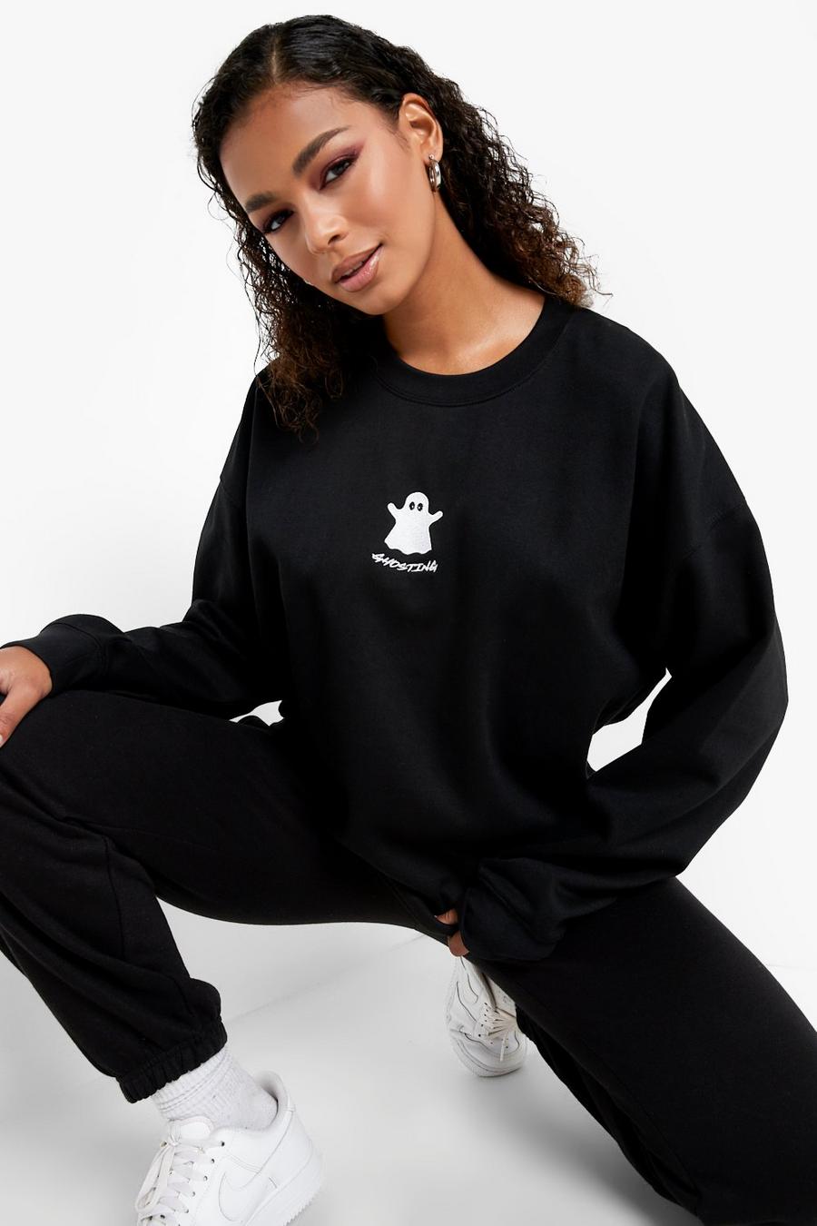 Black Halloween Ghost Embroidered Oversized Sweater image number 1
