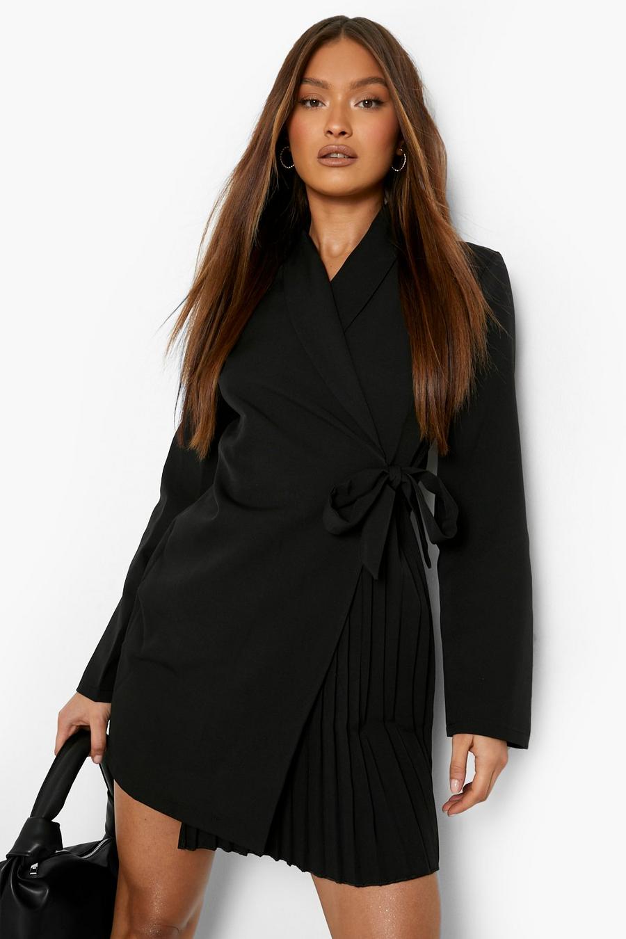 Black Pleated Wrap Front Tailored Blazer Dress image number 1