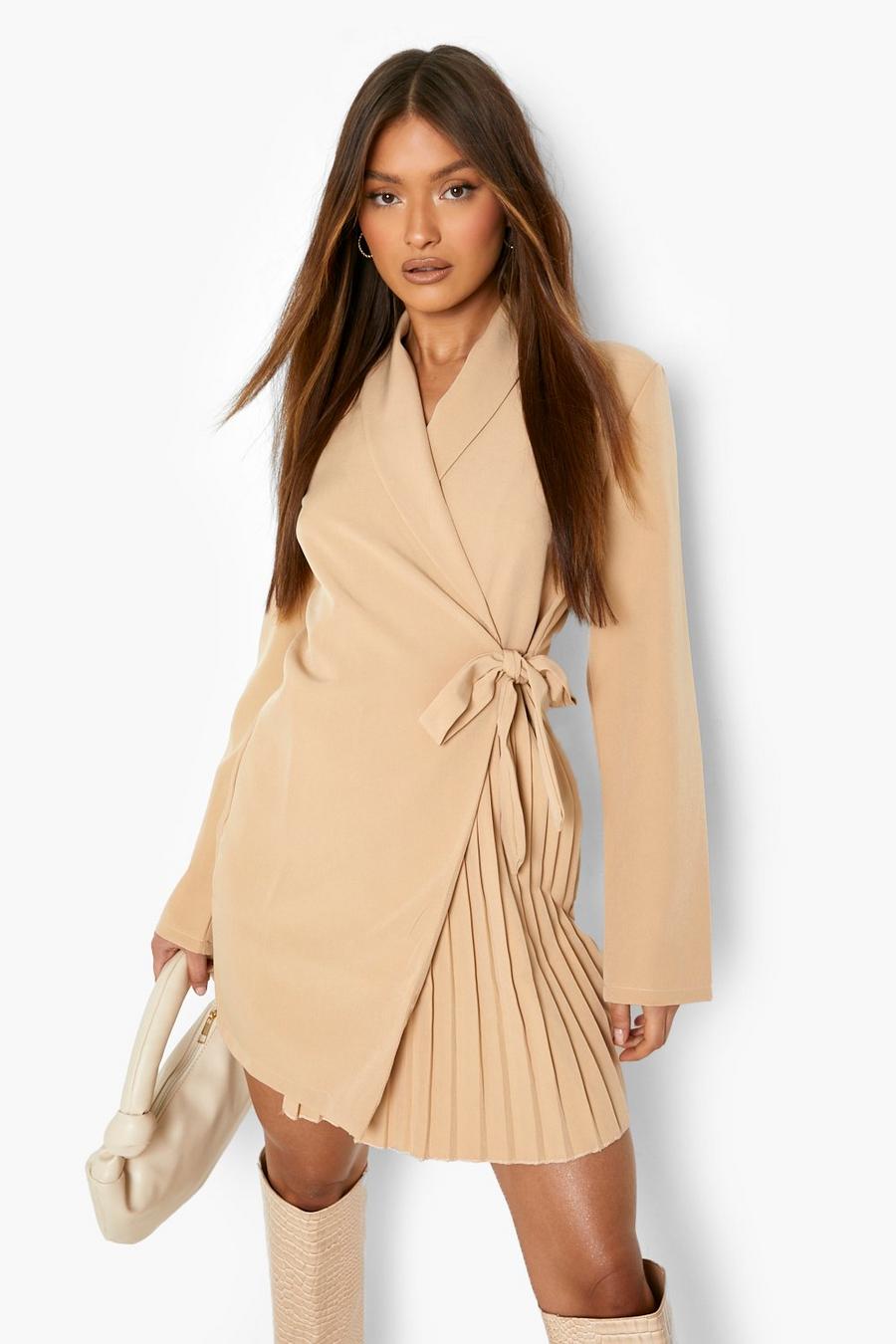 Sand beige Pleated Wrap Front Tailored Blazer Dress