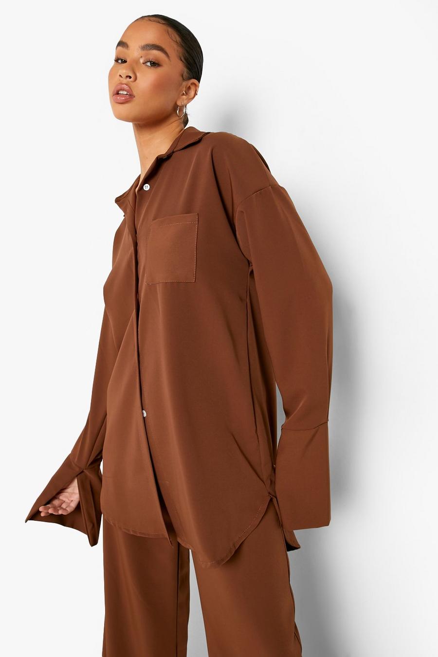 Camicia oversize in raso opaco, Chocolate image number 1