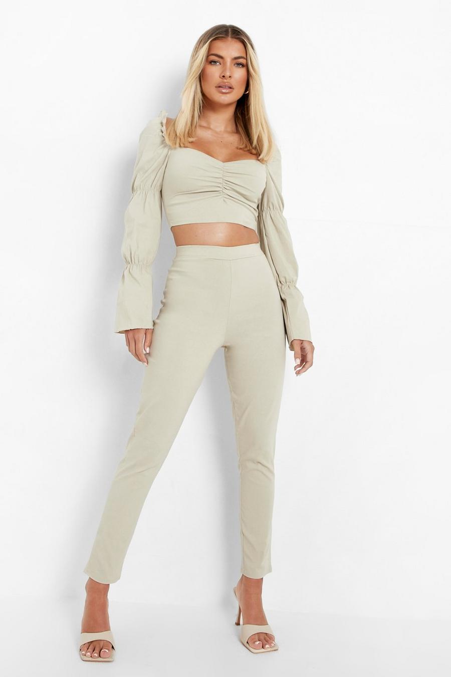 Sand Puff Sleeve Crop And Slim Fit Pants image number 1
