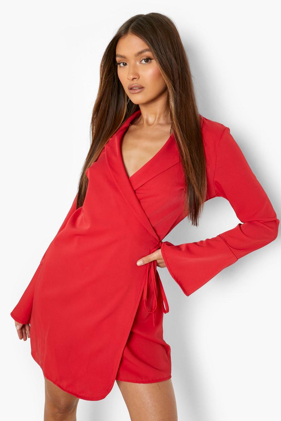 אדום שמלת חולצה מבד סאטן מט עם שרוולים מתרחבים image number 1