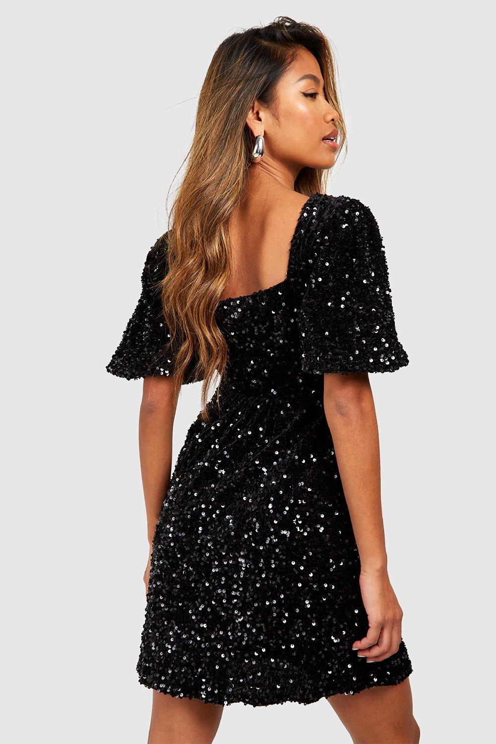 Sequin Puff Sleeve Square Neck Smock Party Dress