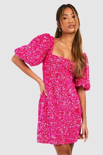 Pink Sequin Puff Sleeve Square Neck Smock Party Dress