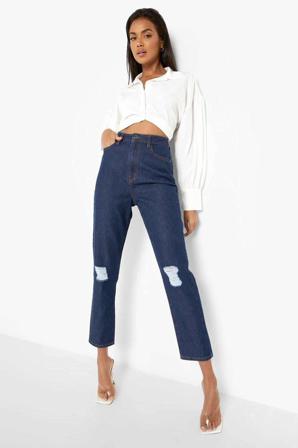 dark blue distressed mom jeans