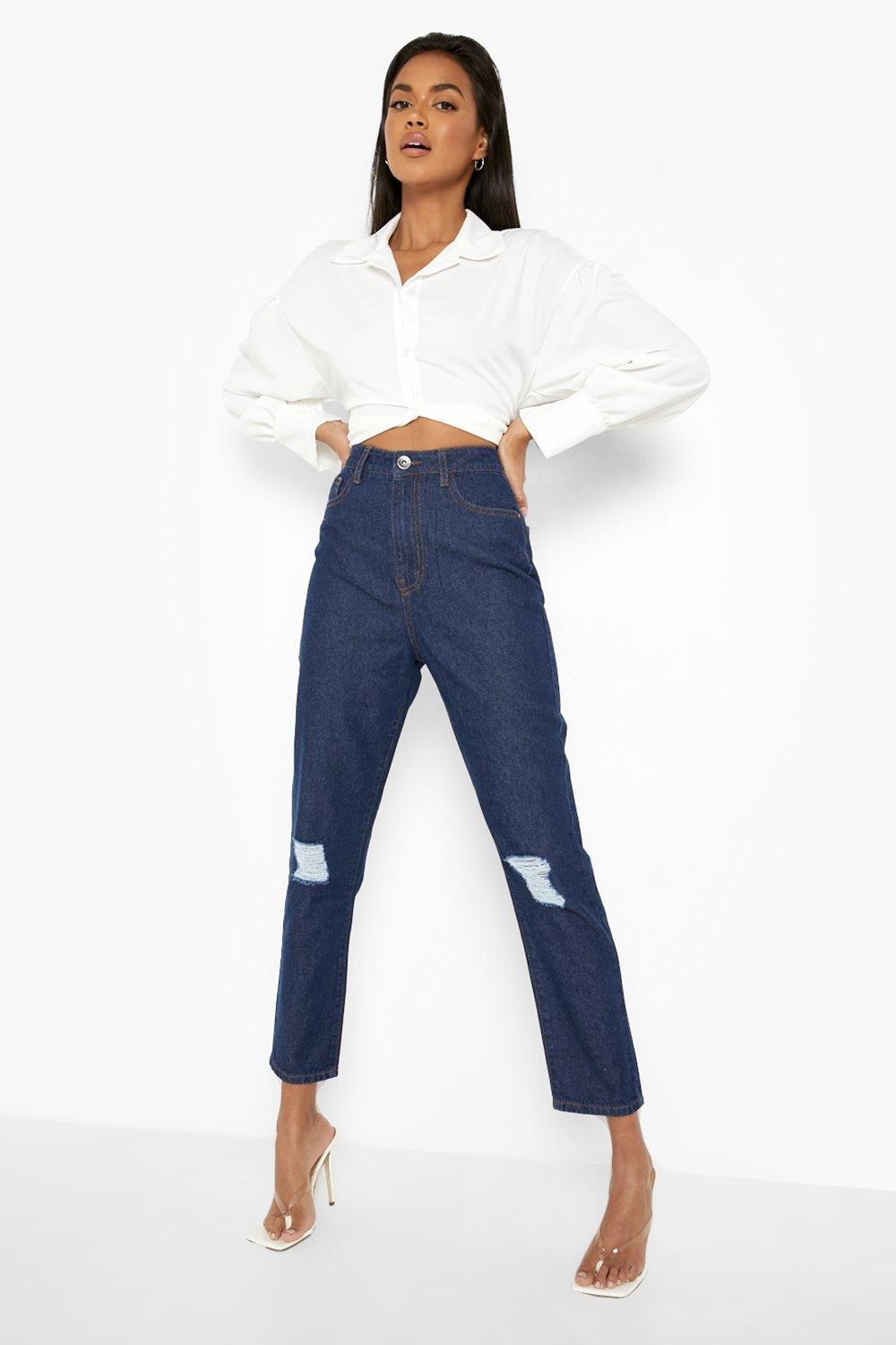 dark blue distressed mom jeans