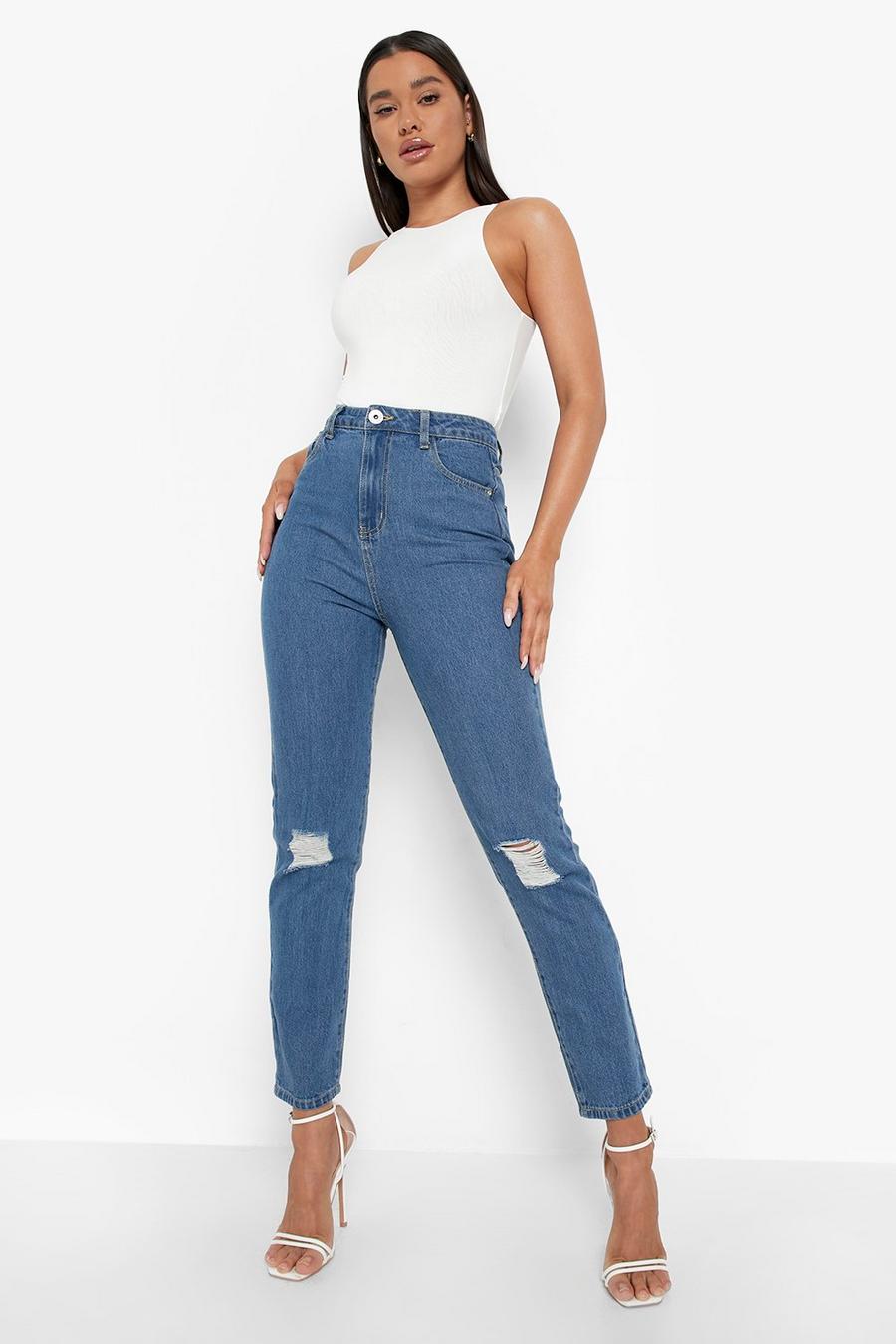Mid blue Slitna mom jeans med hög midja image number 1