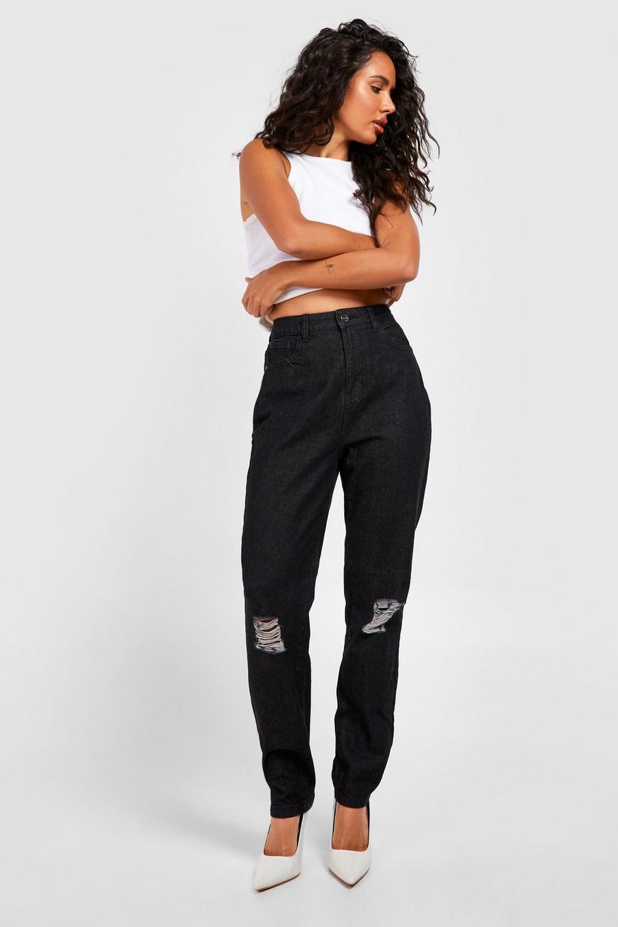 Black Basics High Waisted Ripped Knee Mom Jeans image number 1
