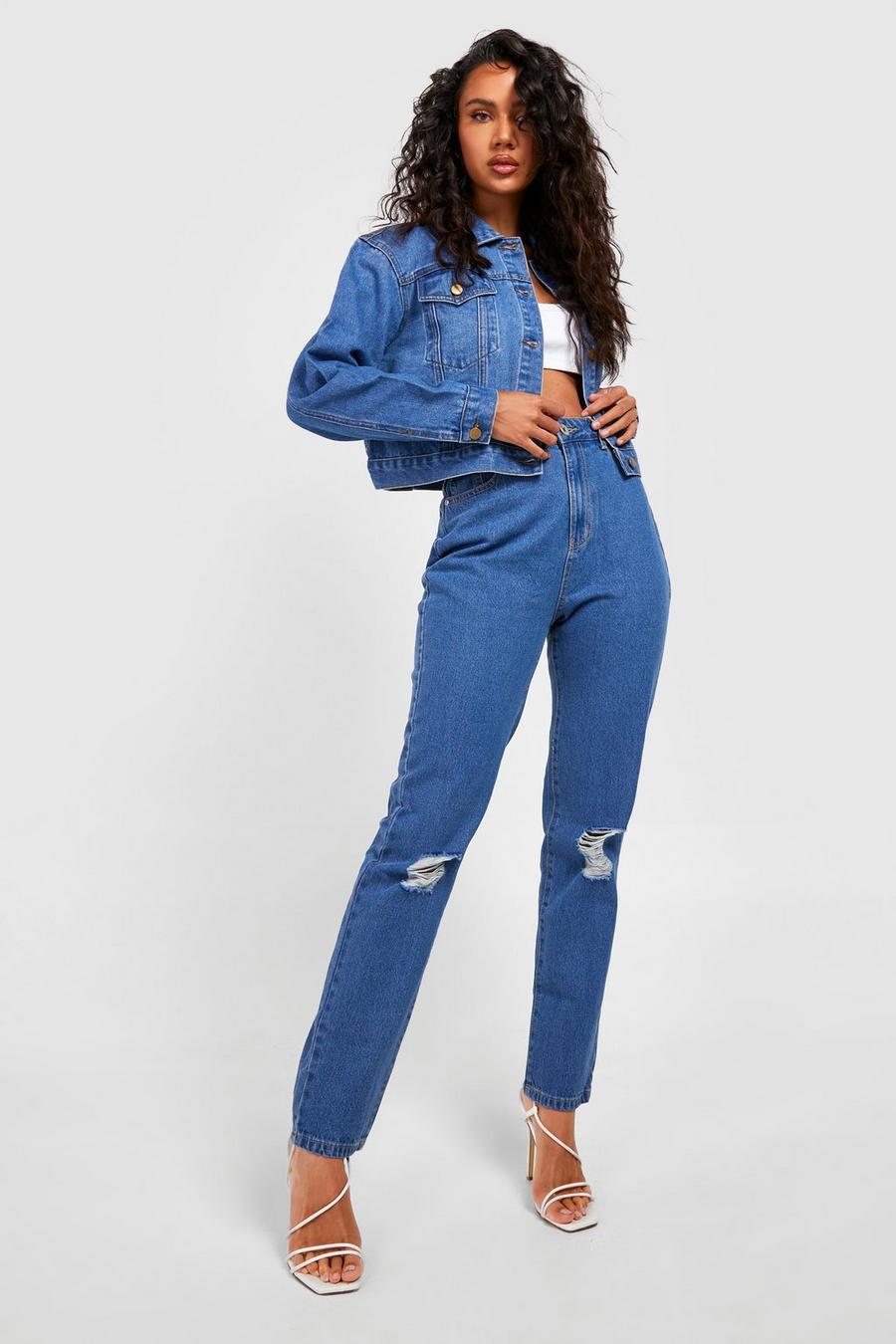 Mid blue Basics High Waisted Ripped Knee Mom Jeans