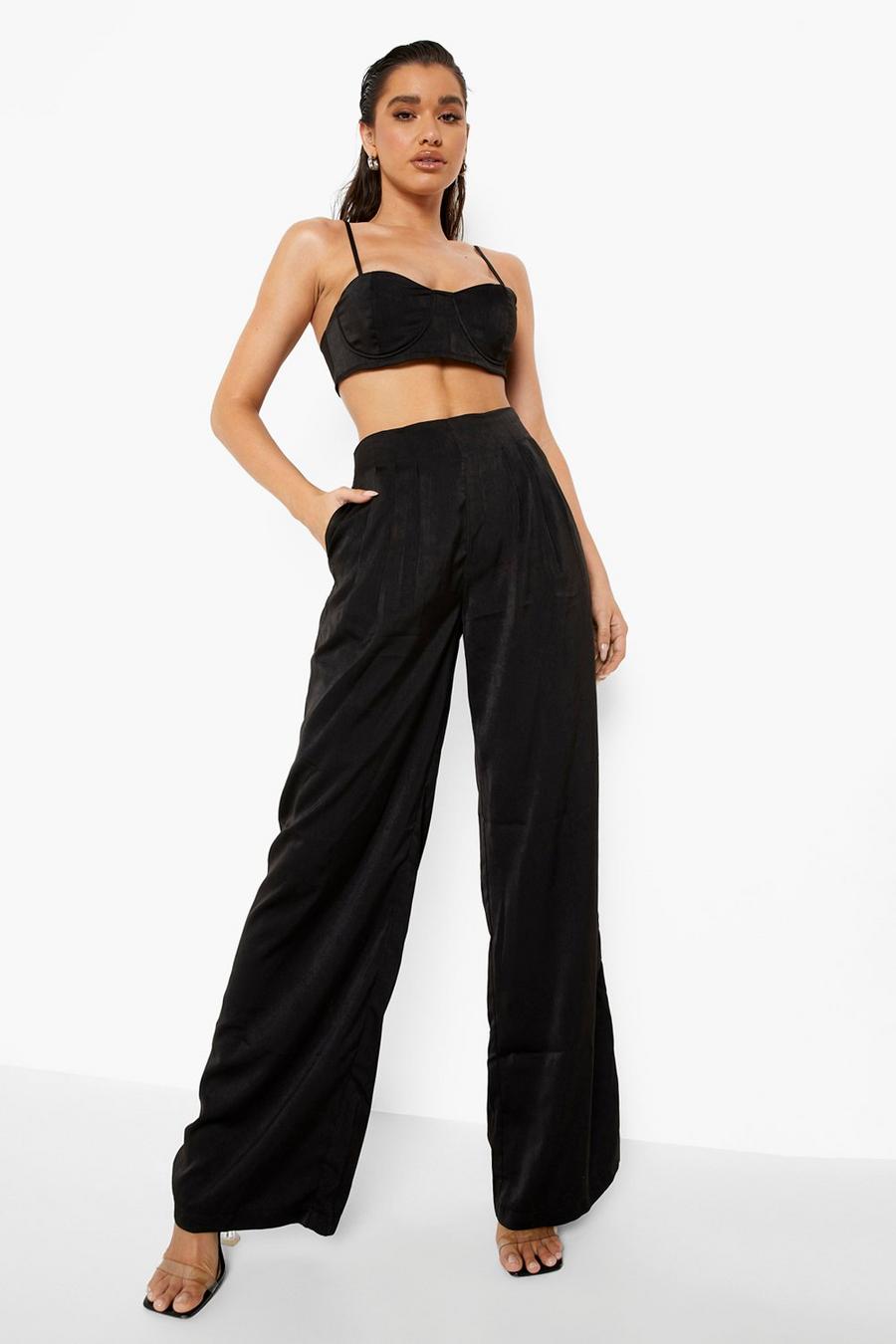 Black Tessa Brooks Satin Bralet And Wide Leg Trouser Co-Ord image number 1