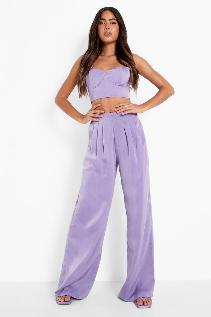 Lilac Satin Bralet And Wide Leg Trouser Co-ord image number 1