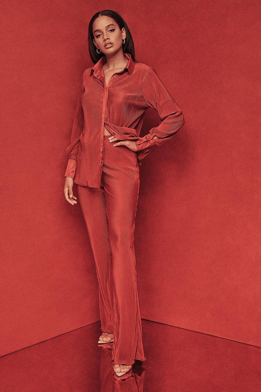 Pantaloni a zampa in raso plissettato, Red rosso image number 1