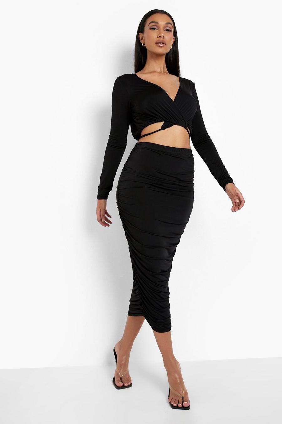 Black Slinky Wrap Crop & Ruched Midi Skirt image number 1