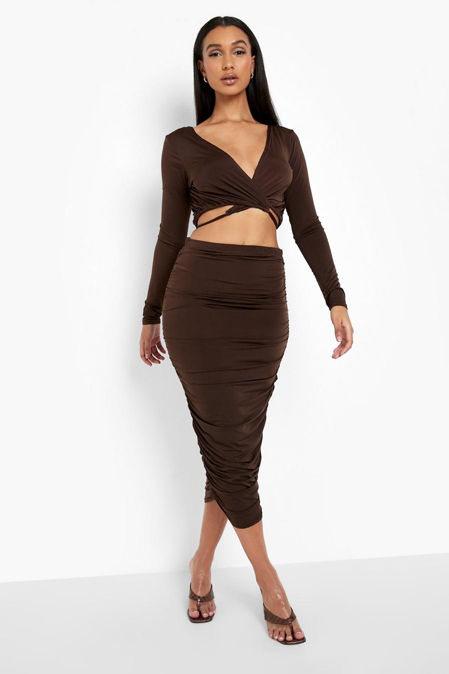 Chocolate brown Slinky Wrap Crop & Ruched Midi Skirt
