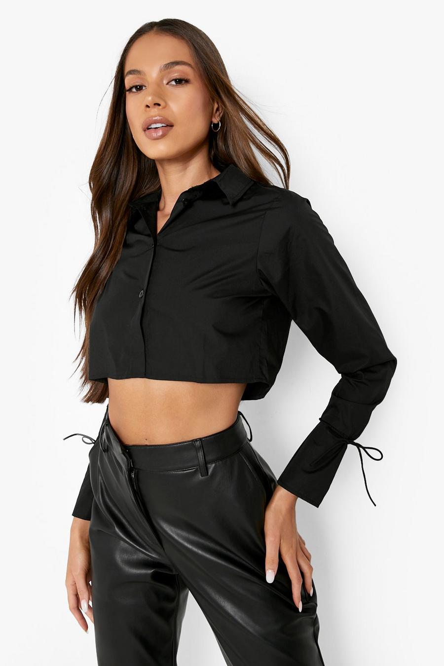 Black Cropped Tie Cuff Shirt image number 1