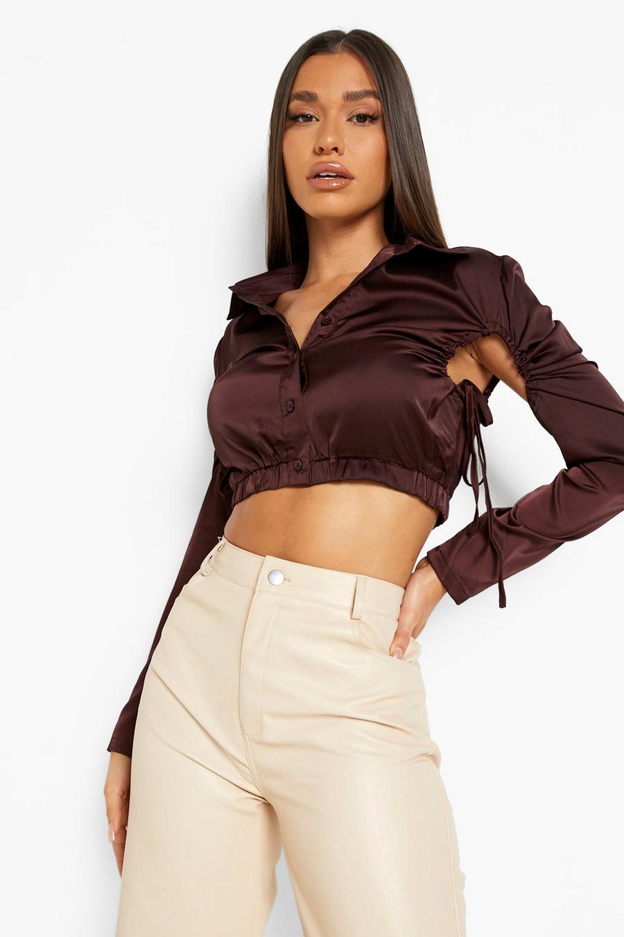 Chocolate Satin Ruched Detail Cropped Shirt image number 1