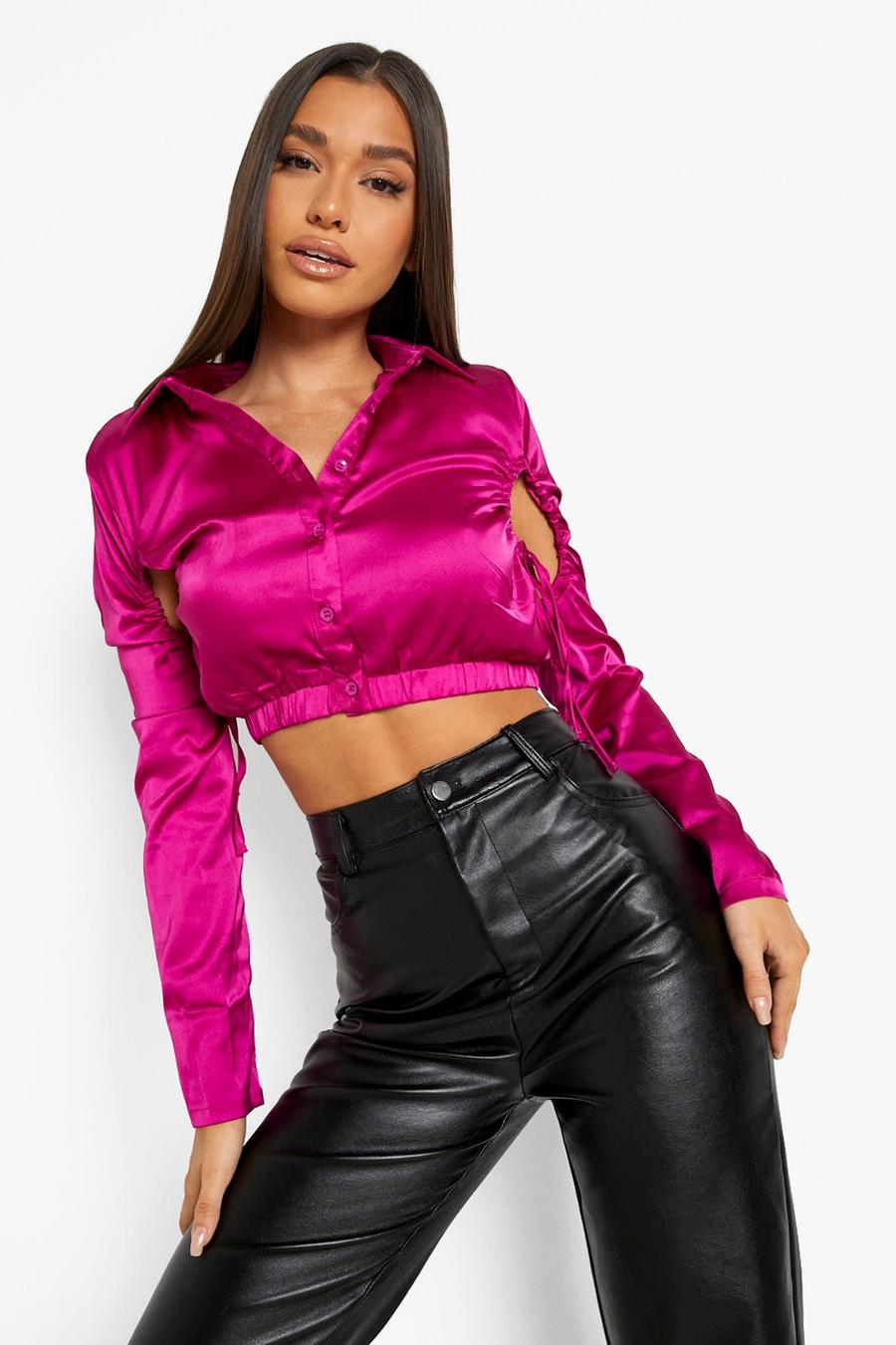 Orchid Satin Ruched Detail Cropped Shirt image number 1