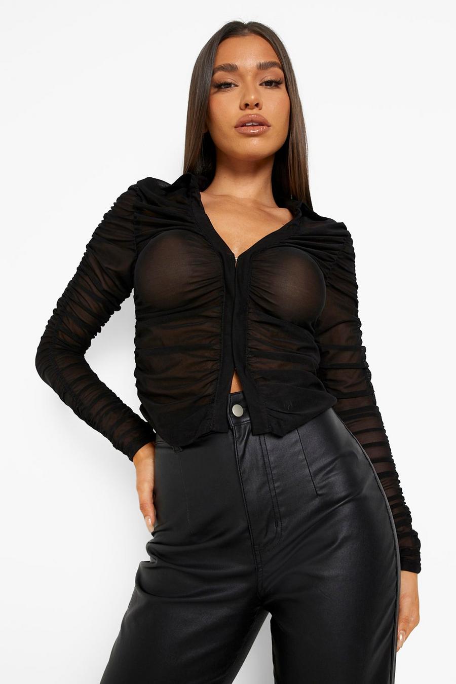 Black Double Layer Mesh Ruched Shirt image number 1