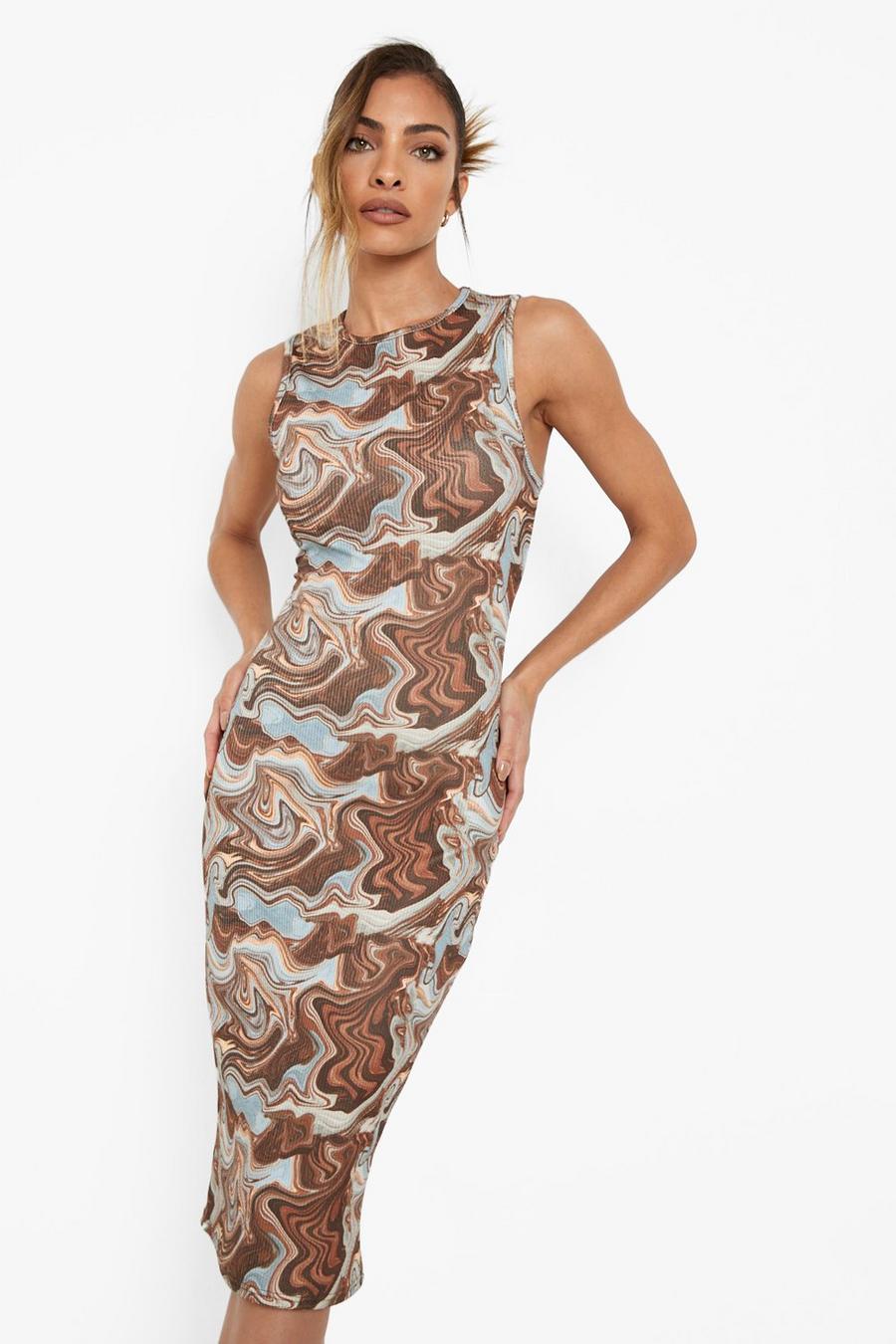 Chocolate Marble Crinkle Racer Bodycon Midi Dress image number 1