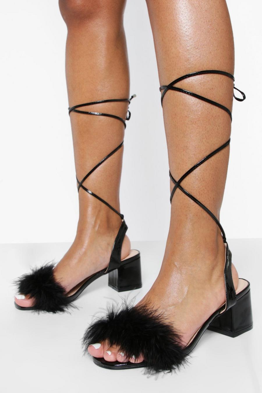 Black Wide Fit Feather Wrap Up Block Heel image number 1