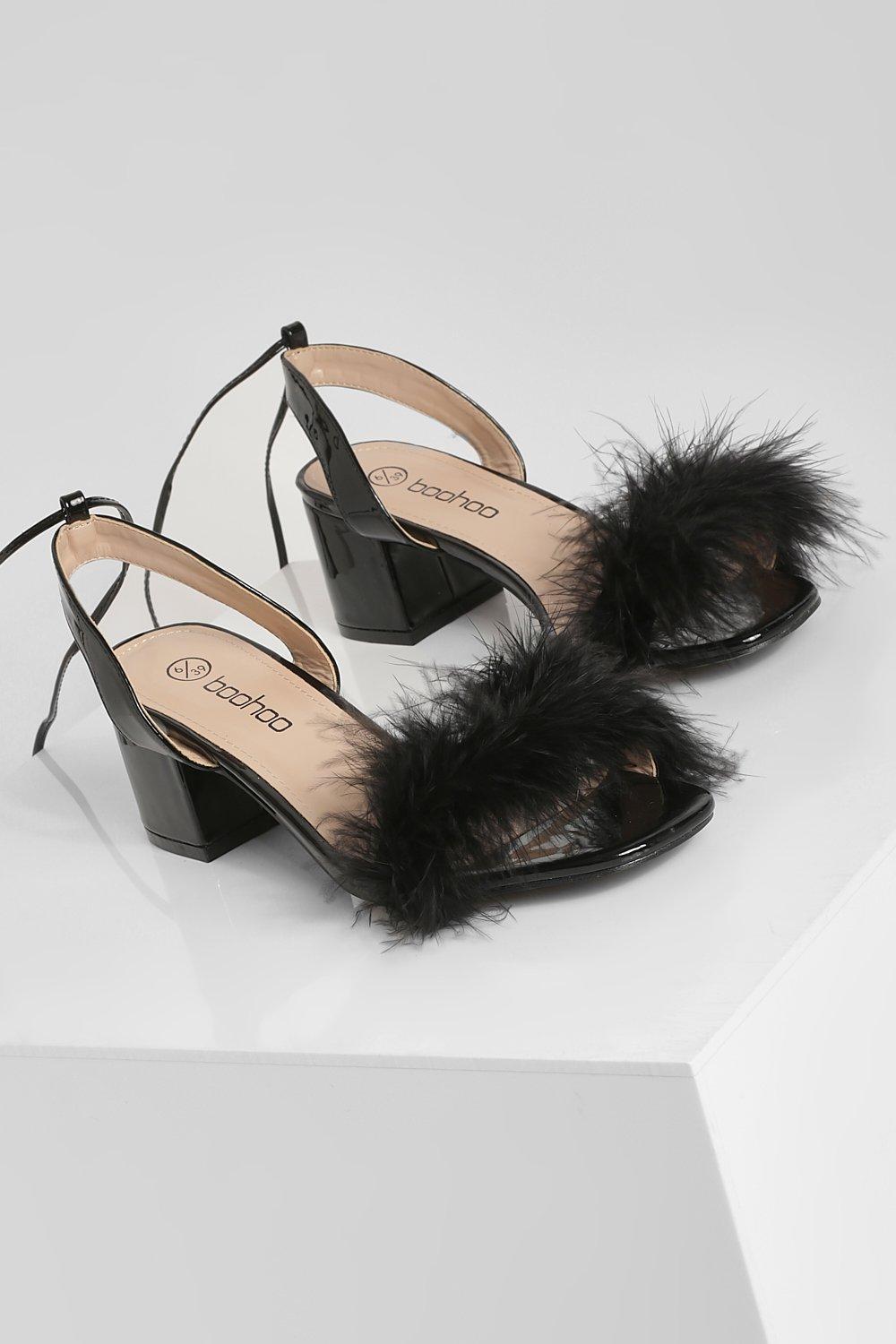 Black feather block heels hot sale