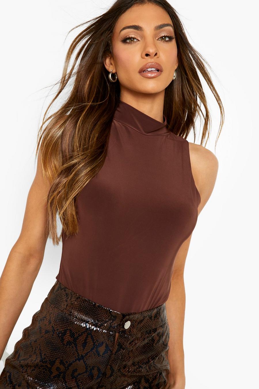 Chocolate Double Layer Slinky High Neck Bodysuit image number 1