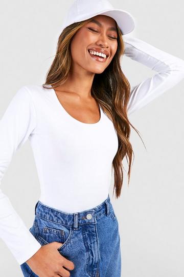 Basic Bodysuit Met Lange Mouwen En Lage Ronde Hals white