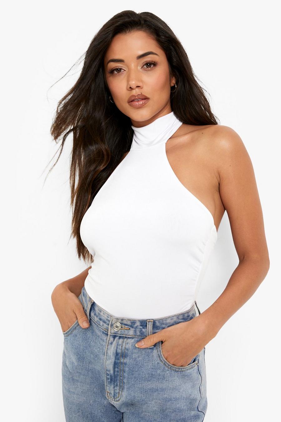 White Double Layer Slinky High Neck  Bodysuit image number 1