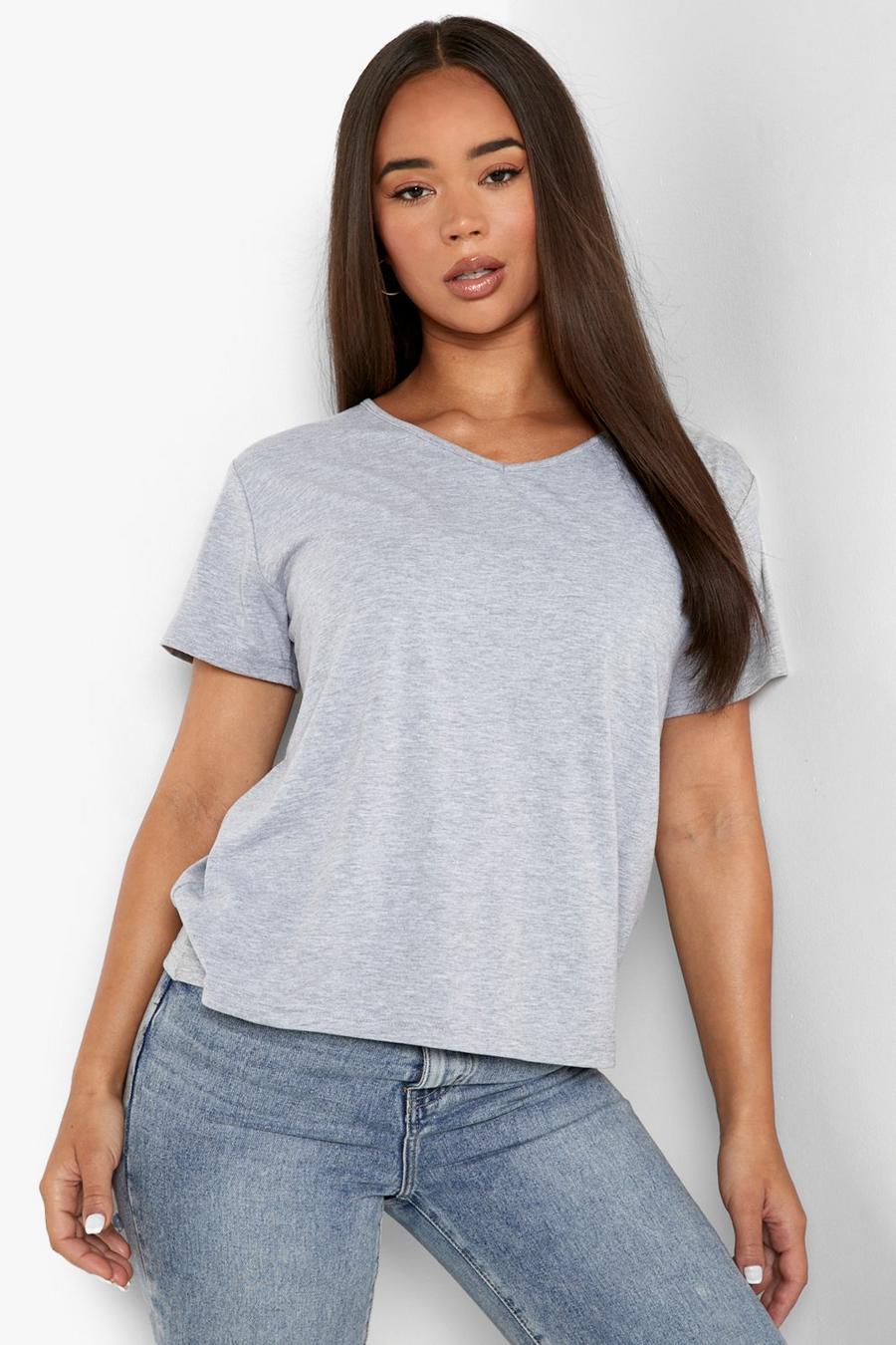 Grey Basic Short Sleeve V Neck T- Shirt image number 1