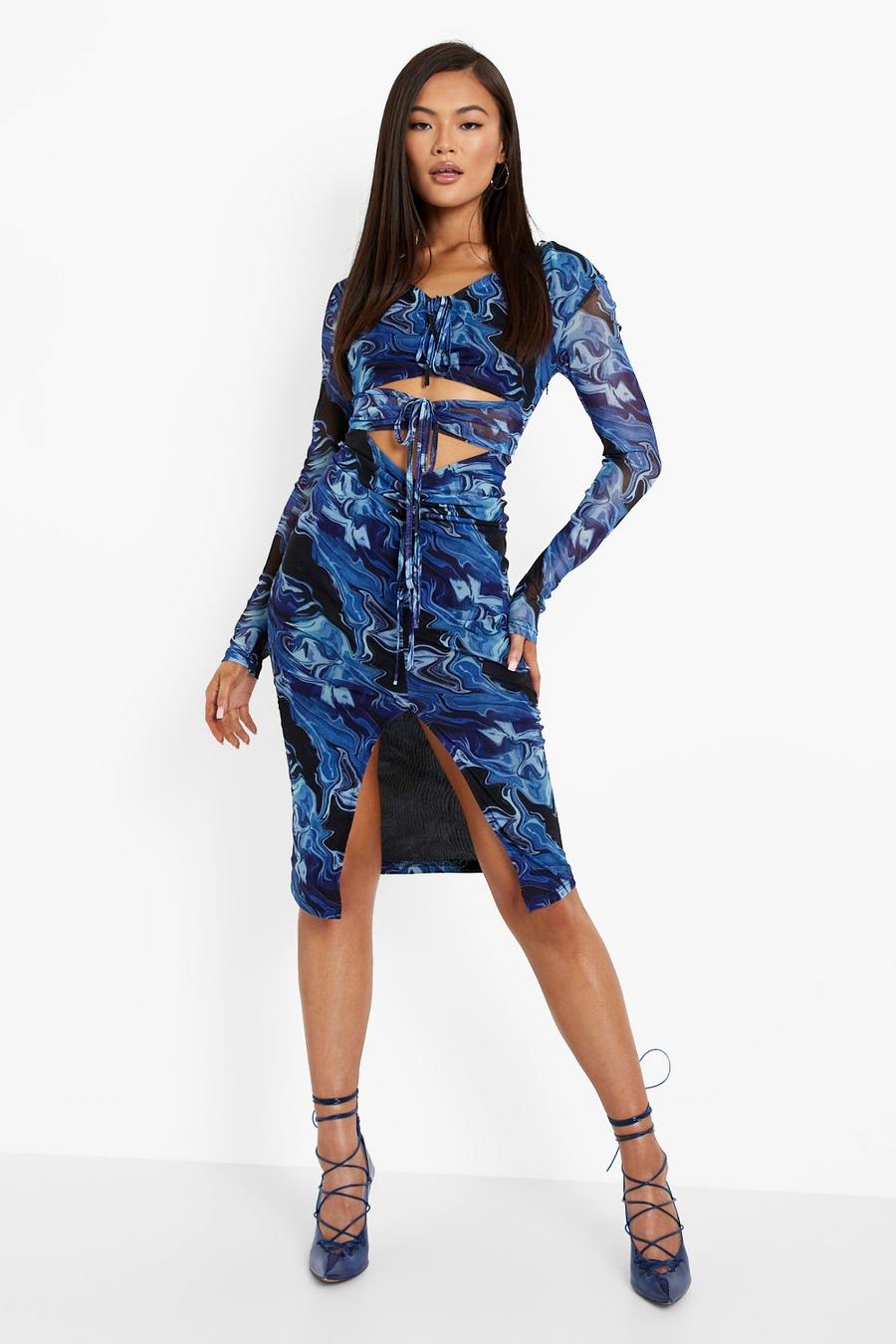 Blue Printed Cut Out Long Sleeve Midi Dress image number 1