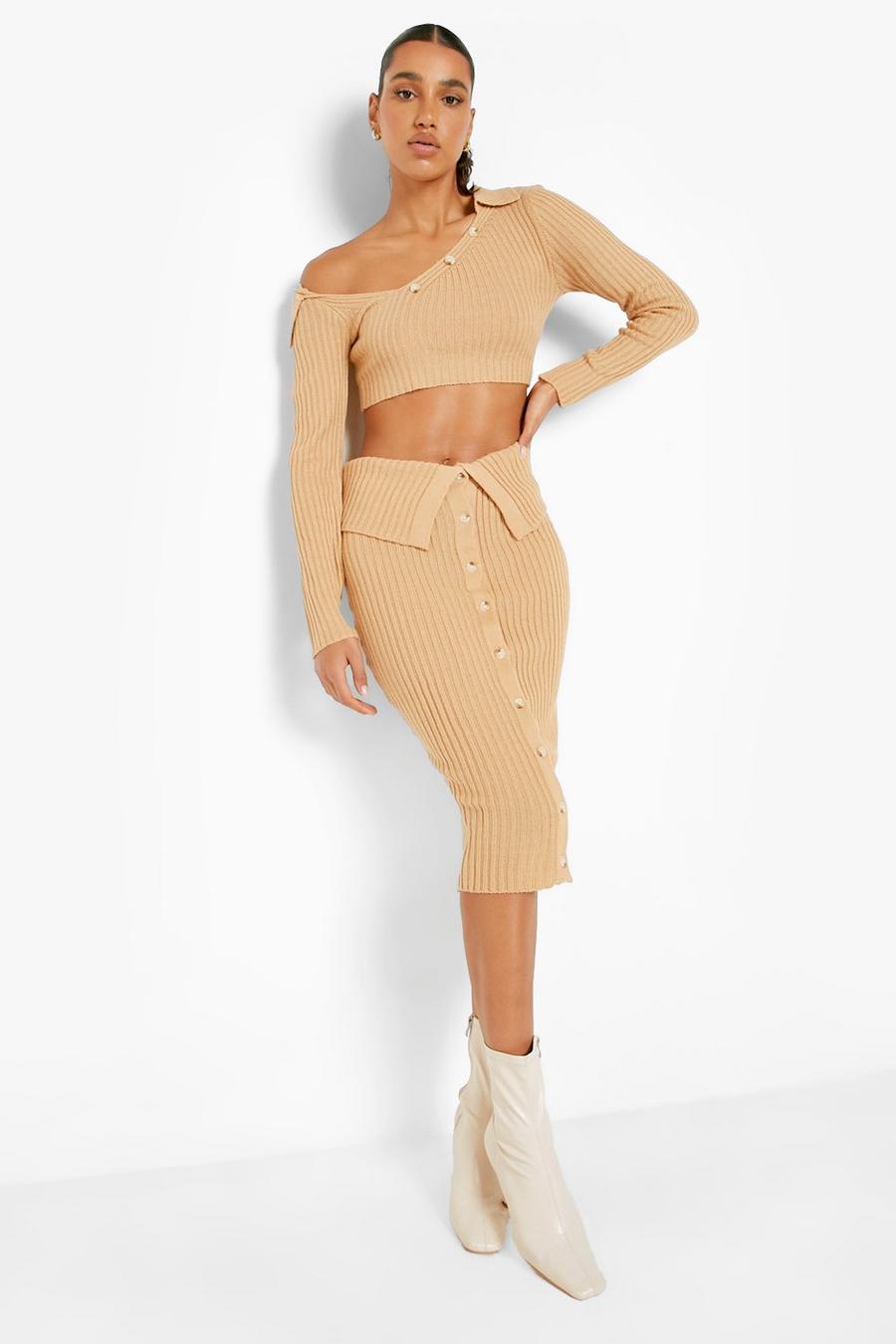 Camel Knitted Top & Skirt Co-ord image number 1
