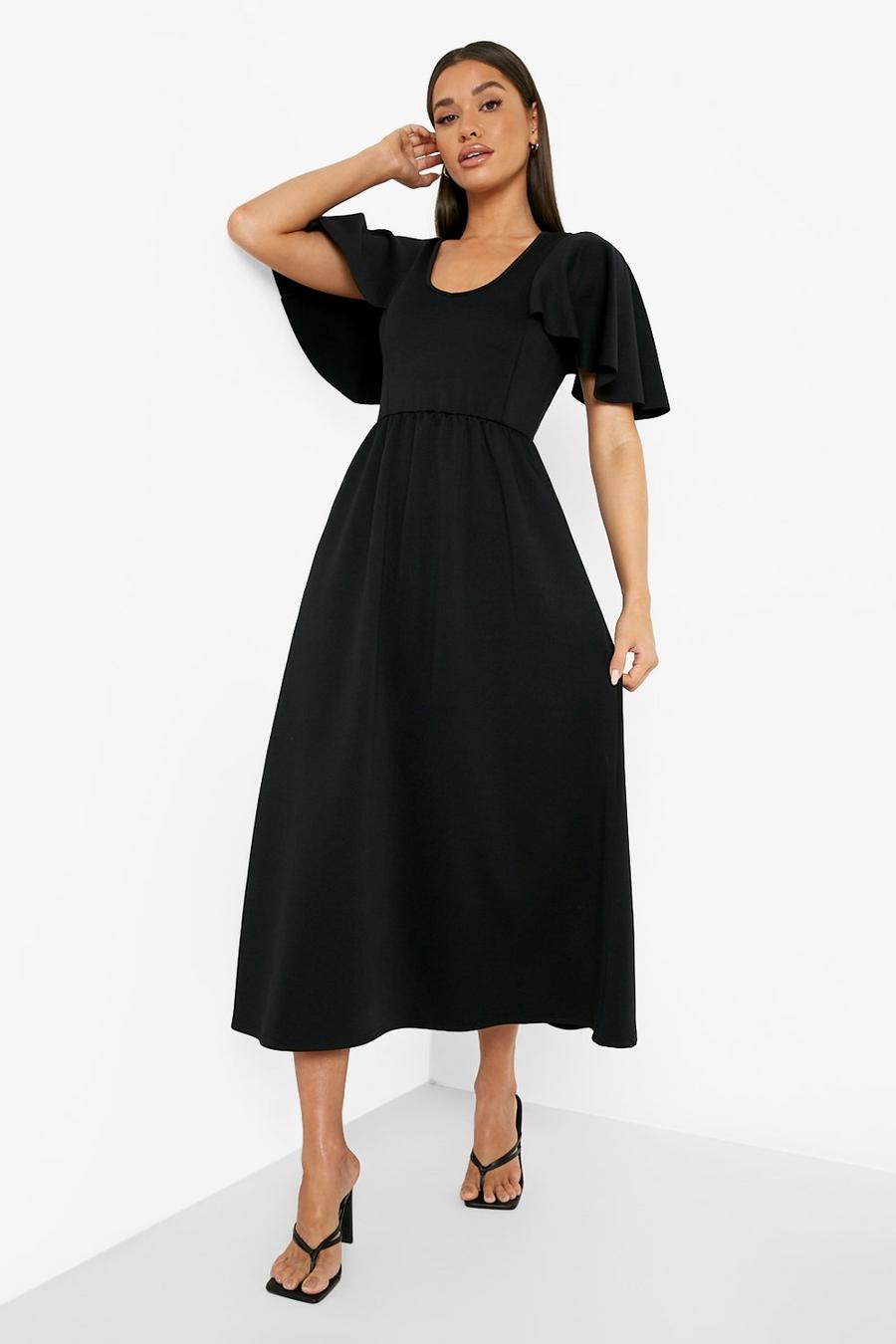 שחור שמלת מידקסי סקייטר מבד סקובה עם סלסול image number 1