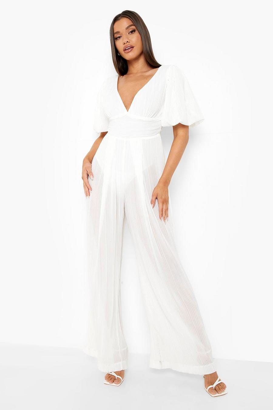 White Pleated Off The Shoulder Wide Leg Jumpsuit image number 1