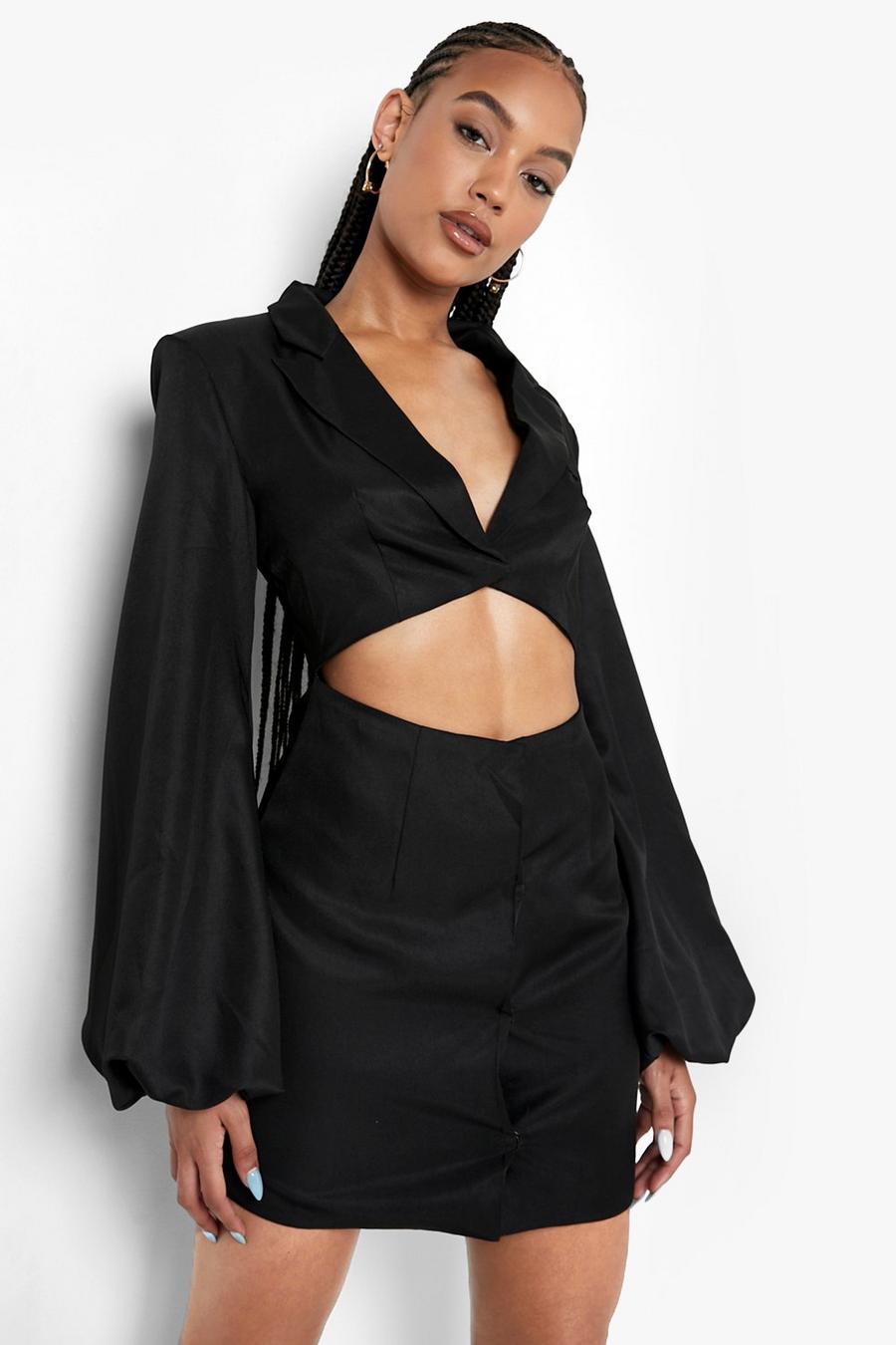 Black Blouson Sleeve Cut Out Blazer Dress image number 1