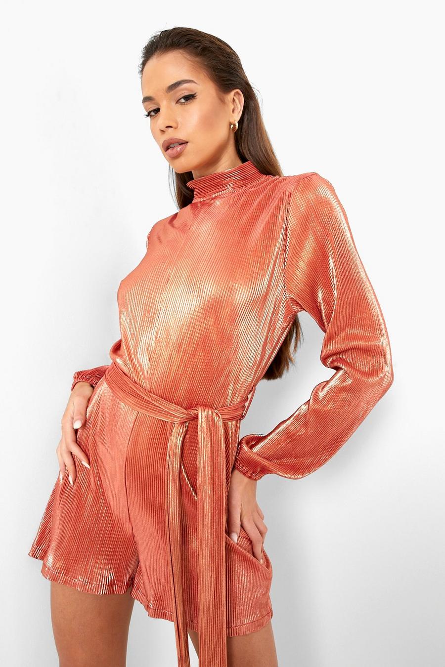 Bronze Metallic Pleated High Neck Playsuit image number 1