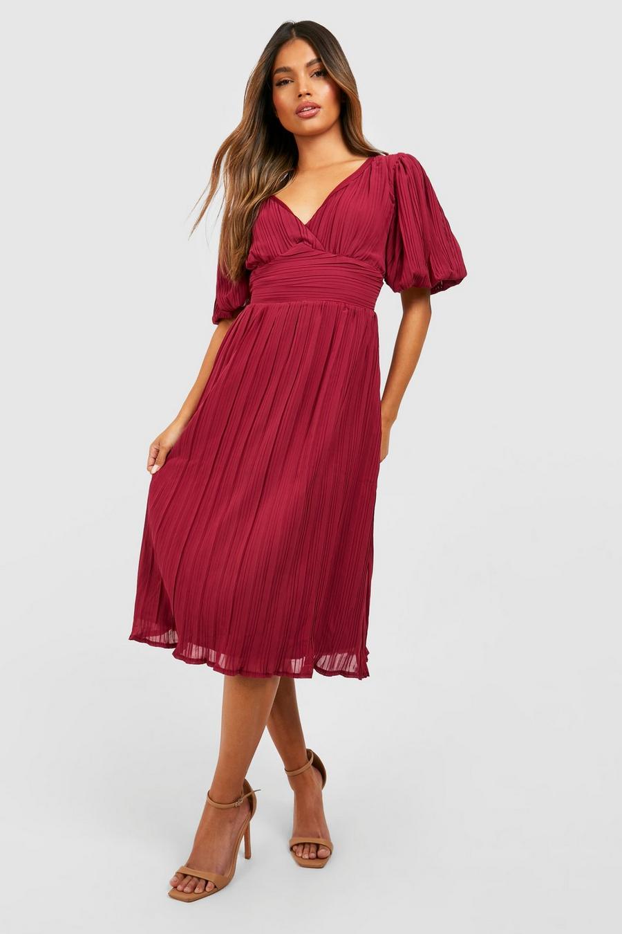 Berry red Pleated Puff Sleeve Low Back Midi Dress