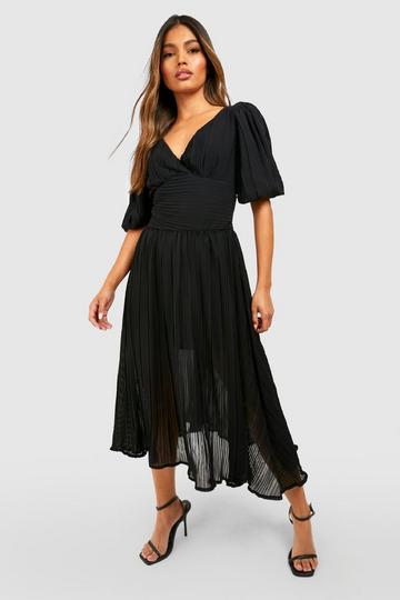 Pleated Puff Sleeve Low Back Midi Dress black