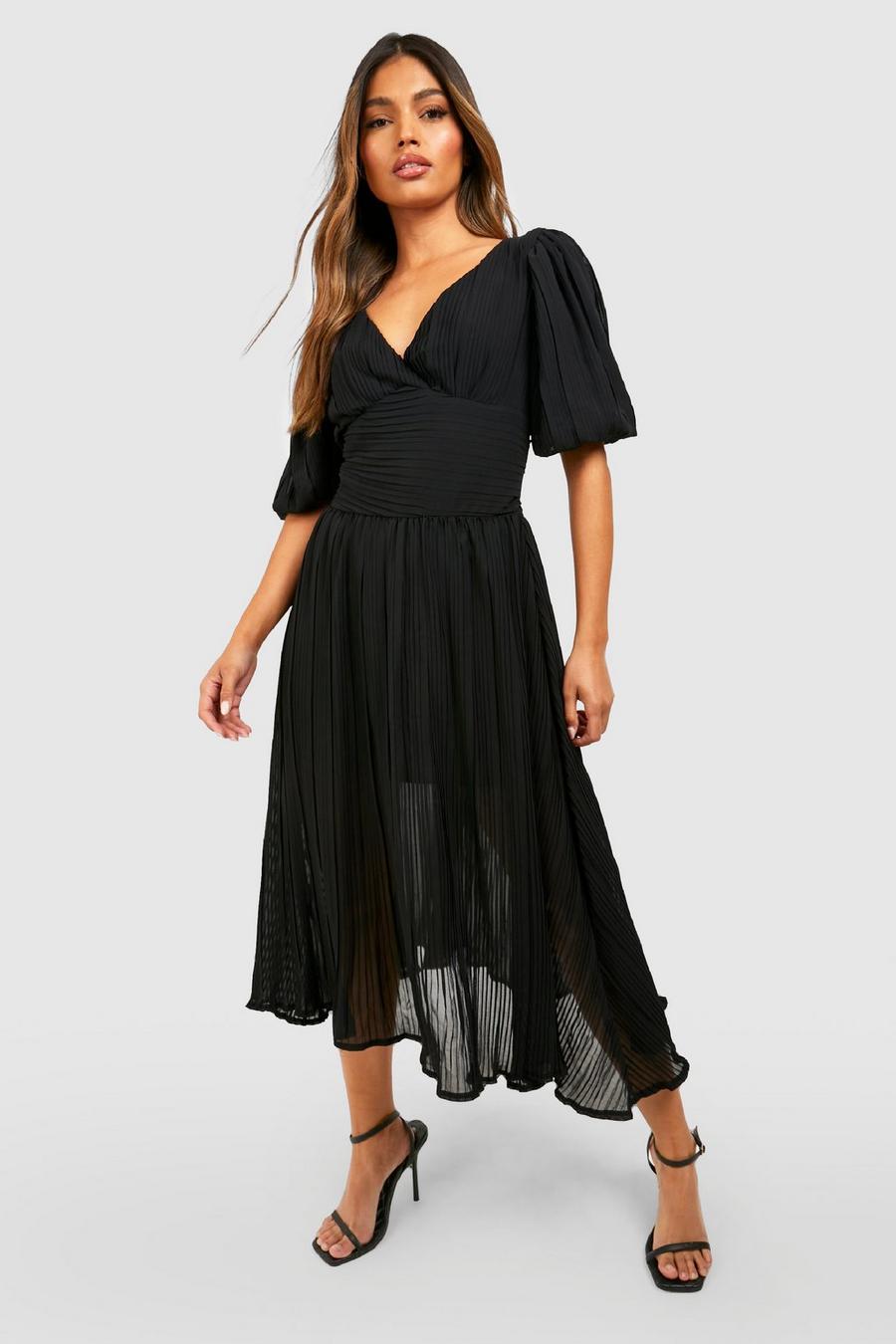 Black Pleated Puff Sleeve Low Back Midi Dress